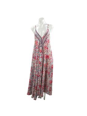 Advance Red Silk Floral V Neck Boho Sleeveless Cami Tank A Line Maxi Dress OS